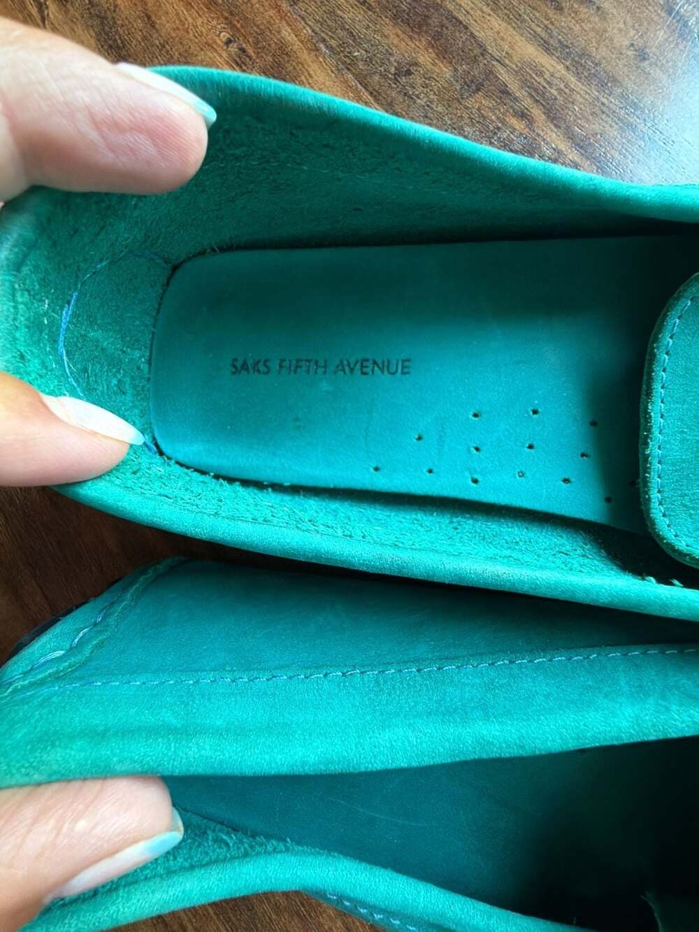 Saks Fifth Avenue Teal Green Suede Driving Moccasin Loafers with Bow Details - Picture 7 of 7